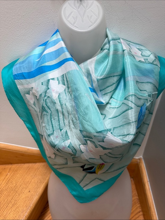 Vintage Accessories - VTG Abstract Art Deco Avian Bird Flowy Silk Scarf Teal Waves Trees Square Retro